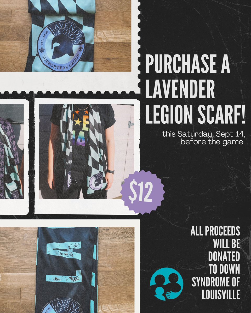 This Saturday (9/14), don’t miss your chance to grab a Lavender Legion scarf before the game! We’ll be on the concourse behind section 115, teaming up with Down Syndrome of Louisville. Scarves are just $12, and all proceeds (minus Paypal fees) go directly to <a href="/DSofLou/">Down Syndrome of Louisville</a> ! 1/2