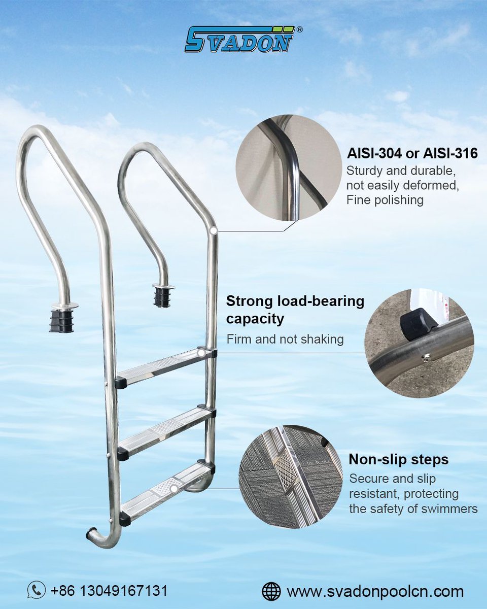 Angelica0313668's tweet image. Svadon Pool Ladder Series
✔ AISI-304 or AISI-316: Sturdy and durable, not easily deformed, fine polishing. 
✔ Strong load-bearing capacity: Firm and not shaking. 
✔ Non-slip steps: Secure and slip resistant, protecting the safety of swimmers. 

#poolladders #piscinaladder