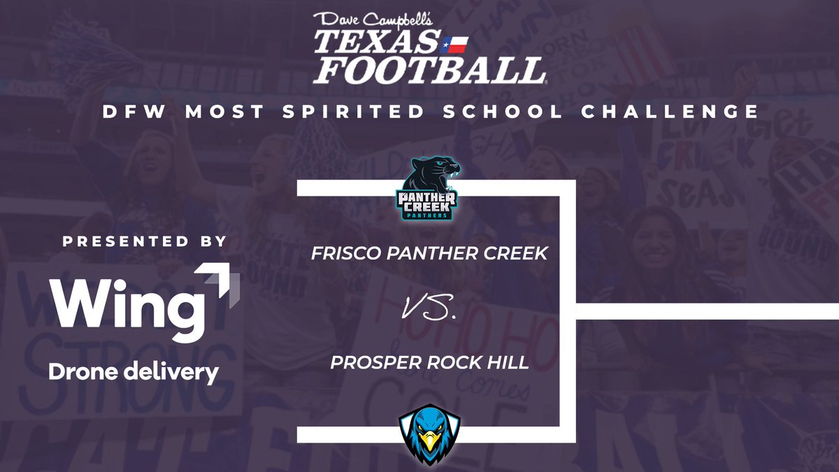 Dave Campbell's Texas Football — TexasFootball.com (@dctf) on Twitter photo The 2024 DFW Most Spirited School Challenge presented by <a href="/Wing/">Wing</a> first round matchups:
<a href="/LSHSRangers/">Lone Star Rangers</a> vs <a href="/Martin_Football/">MARTIN FOOTBALL</a>
<a href="/coppellfootball/">Coppell Football</a> vs <a href="/CHSChargerFB/">Keller Central Chargers Football</a>
<a href="/CTHS_RangersFB/">Chisholm Trail HS Rangers Football</a> vs <a href="/JagFootball/">Flower Mound Jaguar Football</a>
<a href="/PCHSfriscoFB/">Panther Creek Football Recruiting</a> vs <a href="/RockHill_FB/">Rock Hill Blue Hawks Football</a>
Vote and learn more ⬇️
texasfootball.com/most-spirited-… The 2024 DFW Most Spirited School Challenge presented by <a href="/Wing/">Wing</a> first round matchups:
<a href="/LSHSRangers/">Lone Star Rangers</a> vs <a href="/Martin_Football/">MARTIN FOOTBALL</a>
<a href="/coppellfootball/">Coppell Football</a> vs <a href="/CHSChargerFB/">Keller Central Chargers Football</a>
<a href="/CTHS_RangersFB/">Chisholm Trail HS Rangers Football</a> vs <a href="/JagFootball/">Flower Mound Jaguar Football</a>
<a href="/PCHSfriscoFB/">Panther Creek Football Recruiting</a> vs <a href="/RockHill_FB/">Rock Hill Blue Hawks Football</a>
Vote and learn more ⬇️
texasfootball.com/most-spirited-…
