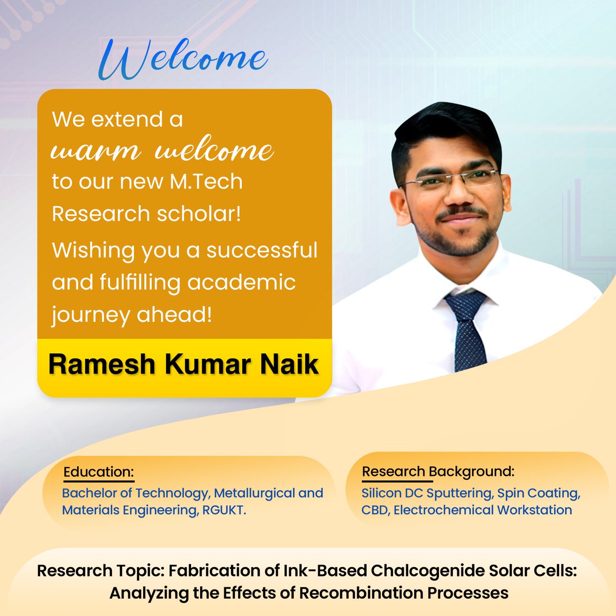 Rondiya Group (@rondiyagroup) on Twitter photo Warm welcome to Ramesh! We're excited for your journey in learning ink-based full solar device fabrication. Your research on solar device preparation & recombination studies is crucial. Wishing you a productive journey ahead!
#FutureDevices #SolarEnergy
<a href="/DRondiya/">Sachin R. Rondiya</a> <a href="/iiscmte/">Materials Engineering IISc</a> Warm welcome to Ramesh! We're excited for your journey in learning ink-based full solar device fabrication. Your research on solar device preparation & recombination studies is crucial. Wishing you a productive journey ahead!
#FutureDevices #SolarEnergy
<a href="/DRondiya/">Sachin R. Rondiya</a> <a href="/iiscmte/">Materials Engineering IISc</a>