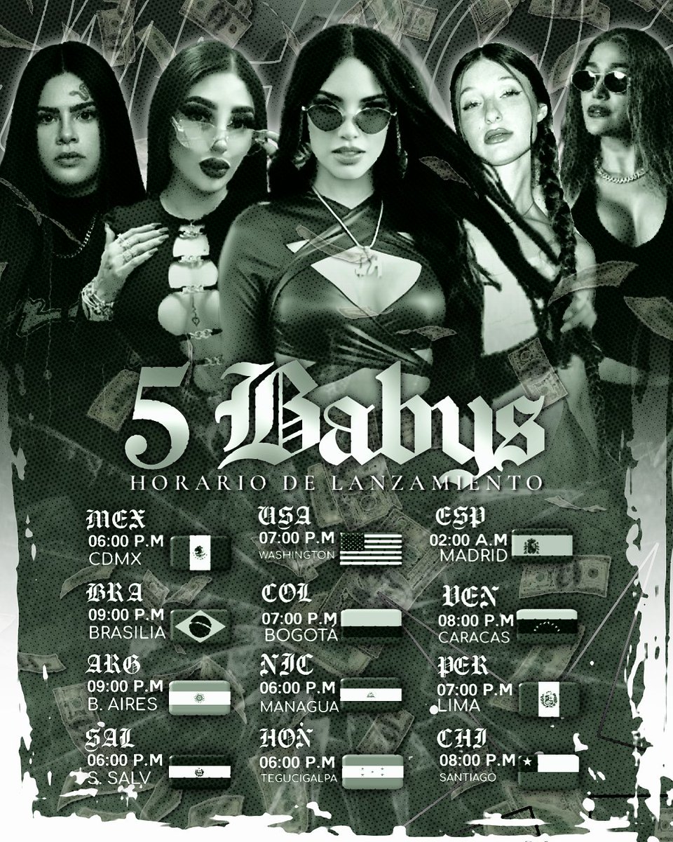 — Horario oficial para el lanzamiento de “5 Babys” este Jueves 12 de Septiembre! 🔥💸💅🏻

MEX 07P.M 🇲🇽.    NIC 06P.M 🇳🇮.
BRA 09P.M 🇧🇷.    HON 06P.M 🇭🇳.
ARG 09P.M 🇦🇷.    ESP 02A.M 🇪🇦.
SAL 06P.M 🇸🇻.     VEN 08P.M 🇻🇪.
USA 07P.M 🇺🇲.     PER 07P.M 🇵🇪.
COL 07P.M 🇨🇴.     CHI 08P.M 🇨🇱.