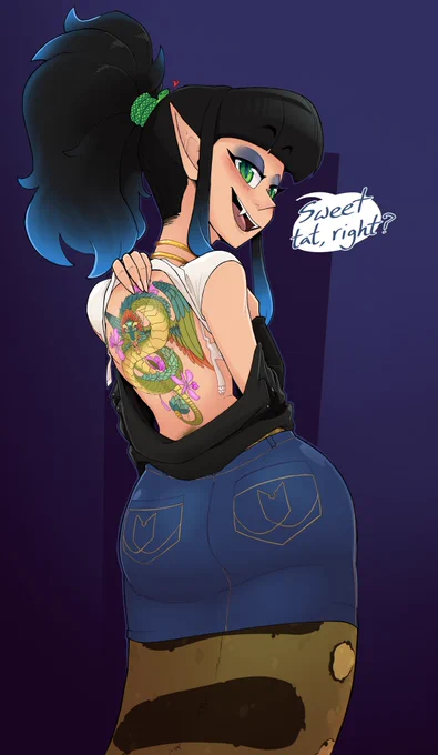 comm for   of his lamia girl showing off her tattoo 