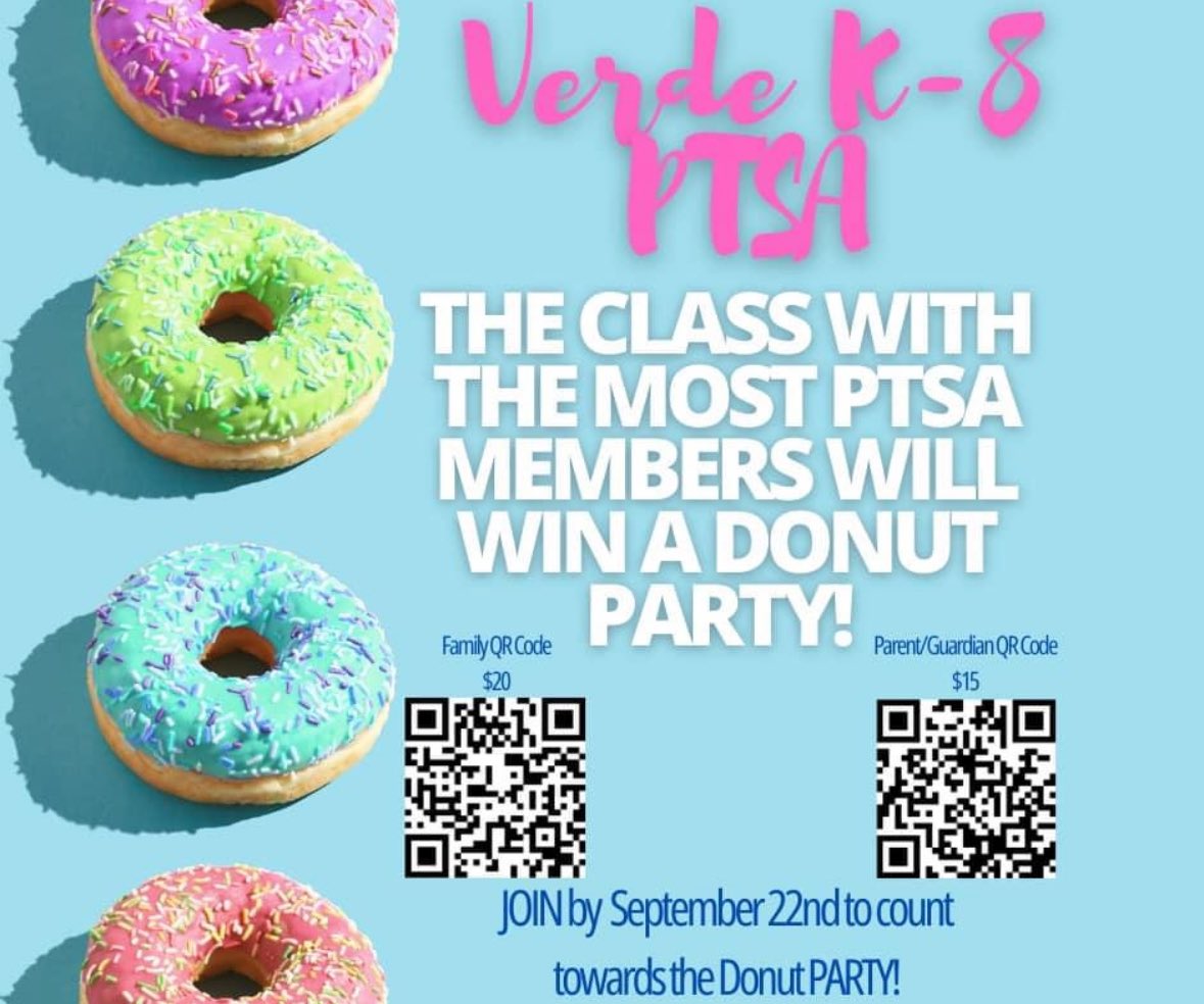 VerdeK8 PTSA (@verdepta) on Twitter photo Help support PTSA by becoming a member! The winning class wins a donut party and the winning teacher gets $25 to Amazon! 
Link for our family membership: verdek8pta.givebacks.com/store/items/14…
Link for a parent/guardian membership: verdek8pta.givebacks.com/store/items/34… Help support PTSA by becoming a member! The winning class wins a donut party and the winning teacher gets $25 to Amazon! 
Link for our family membership: verdek8pta.givebacks.com/store/items/14…
Link for a parent/guardian membership: verdek8pta.givebacks.com/store/items/34…