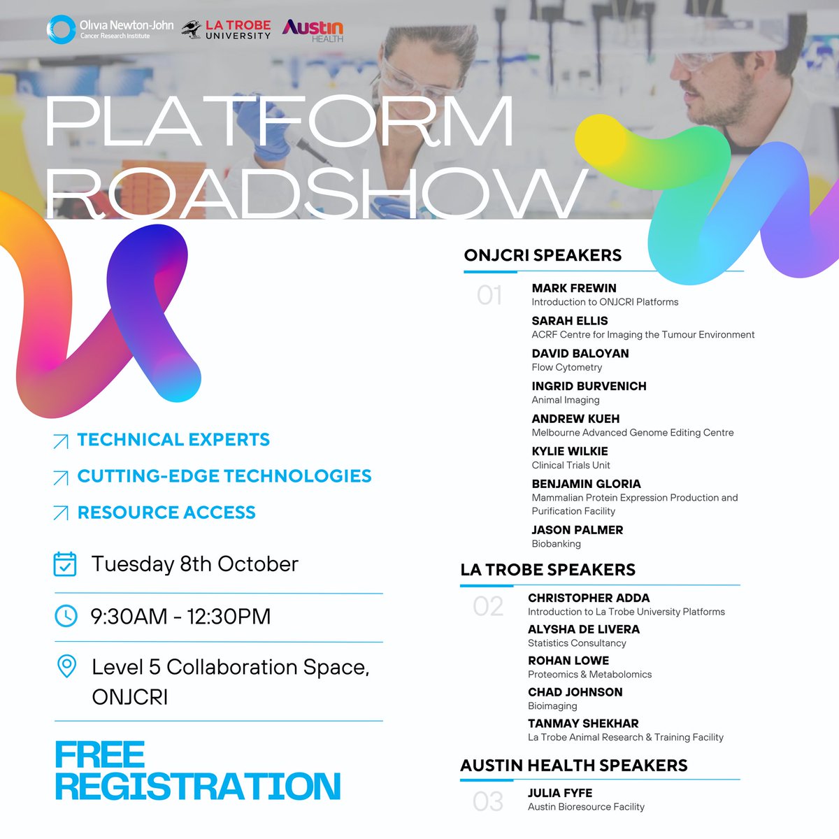 ONJ Cancer Research Institute (@onjcri) on Twitter photo 🌟 Platforms Roadshow 🌟
Join us for a FREE event showcasing tech and expertise from <a href="/ONJCRI/">ONJ Cancer Research Institute</a>, <a href="/latrobe/">La Trobe University</a>, and <a href="/Austin_Health/">Austin Health</a>! Boost your research and grant applications with these expert talks and Q&A.
📅 8 Oct 2024 | 🕒 9:30am | 📍ONJCRI
Register here: platforms-roadshow.raiselysite.com 🌟 Platforms Roadshow 🌟
Join us for a FREE event showcasing tech and expertise from <a href="/ONJCRI/">ONJ Cancer Research Institute</a>, <a href="/latrobe/">La Trobe University</a>, and <a href="/Austin_Health/">Austin Health</a>! Boost your research and grant applications with these expert talks and Q&A.
📅 8 Oct 2024 | 🕒 9:30am | 📍ONJCRI
Register here: platforms-roadshow.raiselysite.com