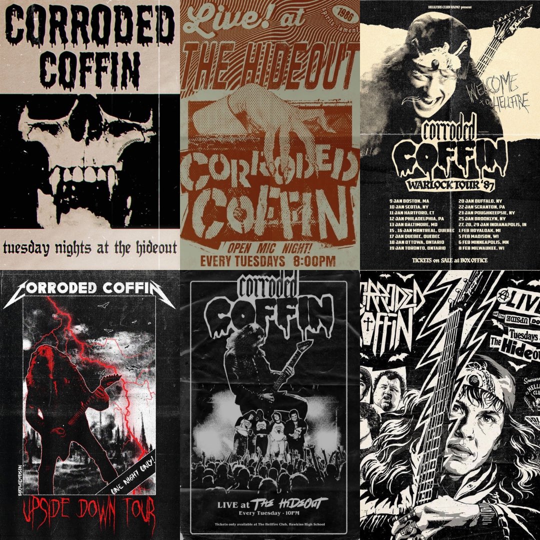 josephqthinkerr's tweet image. live show advertising posters for corroded coffin, eddie munson's heavy metal band 🩵