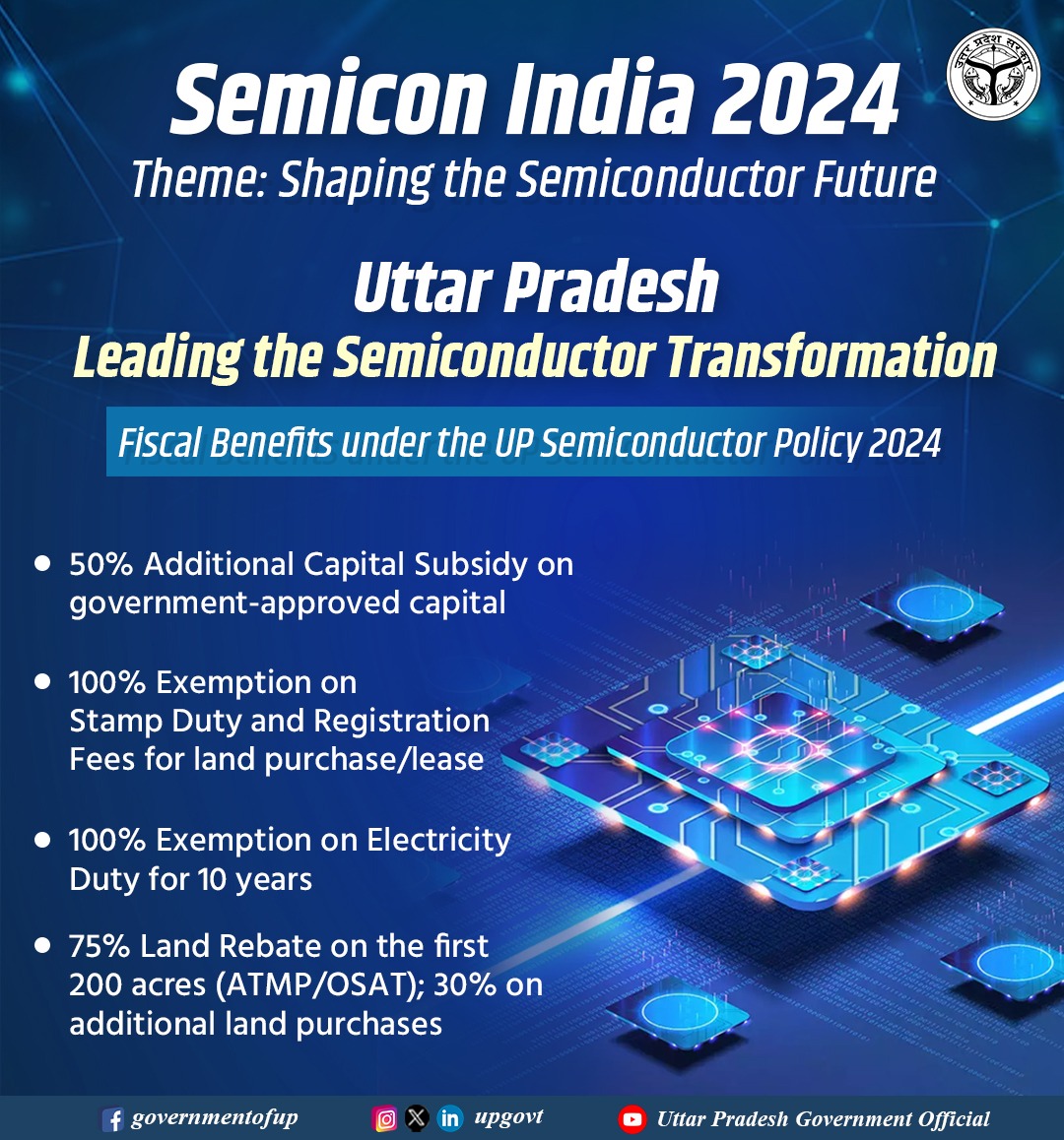 Uttar Pradesh is at the forefront of semiconductor innovation, showcasing its transformative policies at Semicon India 2024. 

With significant fiscal incentives under the Semiconductor Policy 2024, UP is shaping the future of semiconductor manufacturing.

#NayeBharatKaNayaUP