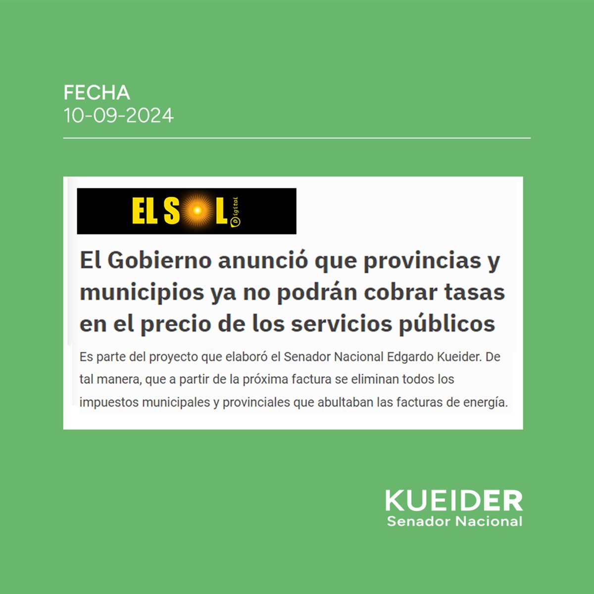 EdgardoKueider's tweet photo. El gobierno nacional anunció la prohibición del cobro de tasas y cargos que nada tienen que ver con el servicio eléctrico, por parte de municipios y provincias, en la tarifa de luz.

Es uno de los puntos clave del proyecto de ley de mi autoría para reducir la tarifa eléctrica, que tiene media sanción del Senado y espera hace meses por su tratamiento en Diputados.

Seguiré impulsando medidas como estas, que transparentan el precio de la energía, como también modificaciones de fondo que están incluidas en el proyecto, para que los entrerrianos paguemos una tarifa más justa.