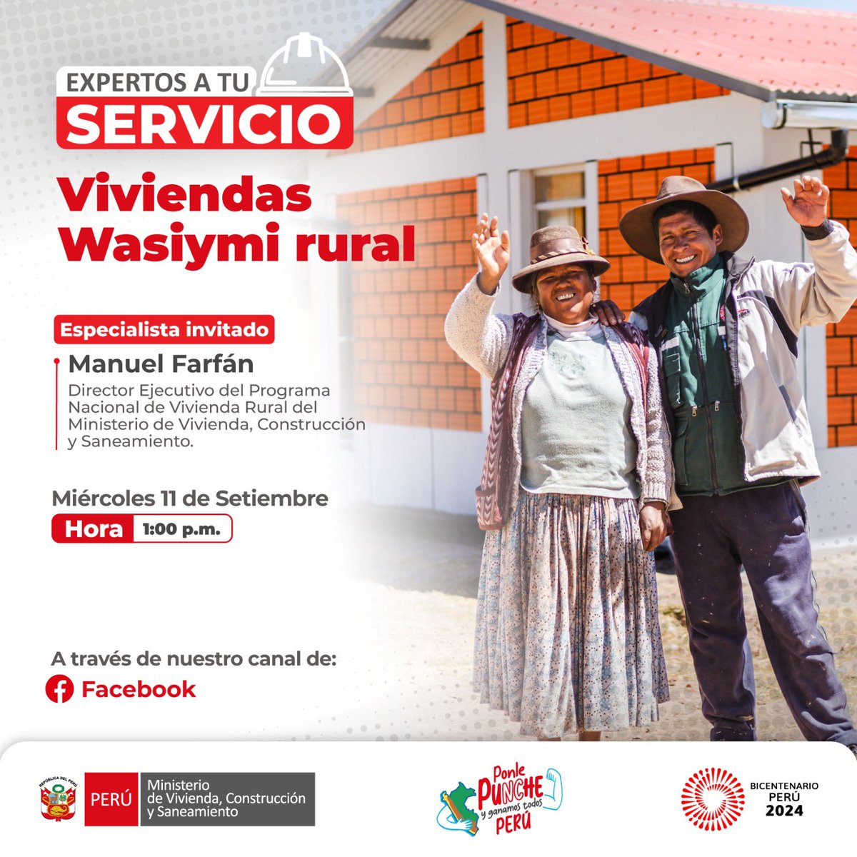 viviendaperu's tweet photo. #ProgramaEnVivo Expertos a tu servicio | Miércoles 11 de setiembre a la 1:00 pm, nuestro especialista, Manuel Farfán, director ejecutivo del Programa Nacional de Vivienda Rural (PNVR) del Ministerio de Vivienda, Construcción y Saneamiento, nos informará sobre las viviendas rurales Wasiymi.