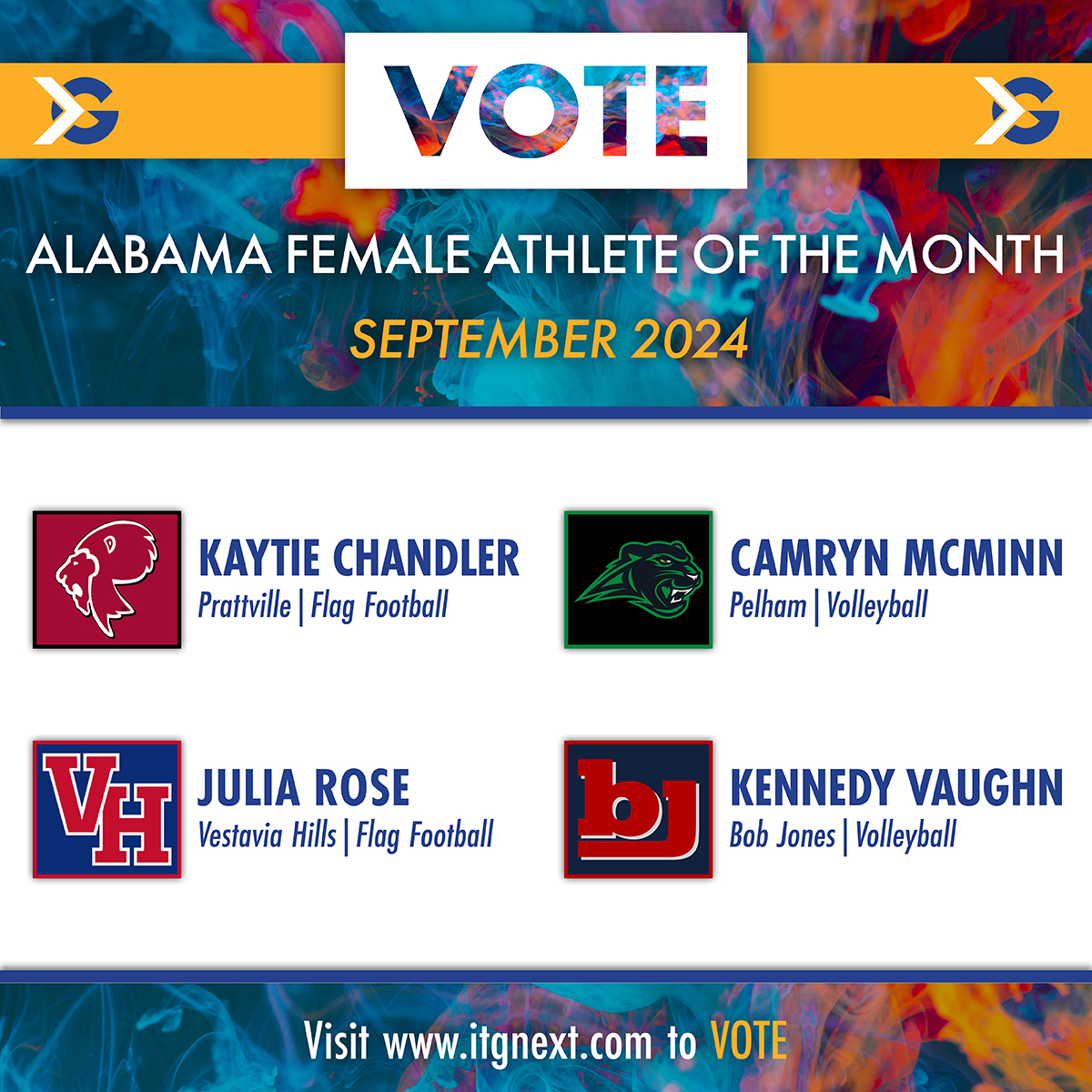 🏆 It's time to vote for the Alabama Female Athlete of the Month! 

Click here to vote: itgnext.com/vote-for-the-i…

Athlete: <a href="/KaytieChandler/">Kaytie Chandler</a> 

High School: <a href="/prattvillelions/">Prattville High School Athletics</a>
@PELHAM_AD
<a href="/1rebelathletics/">Vestavia Hills Rebels Athletics</a> 
<a href="/bjpatriots/">Bob Jones Athletics</a>