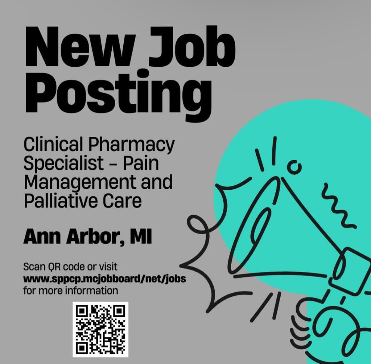 🪧JOB POSTING🚨
Clinical Pharmacy Specialist - Pain Management &amp; Palliative Care

Ann Arbor, Michigan 

Scan QR code or visit palliativepharmacist.org for more information