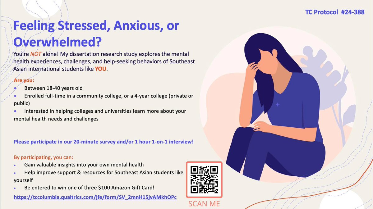 SquidneyAddison's tweet image. Hi everyone! Can you help my friend Lynn with her doctoral research? She needs to recruit folks for her study. 

Feel free to forward the flyer if you know someone this applies to: 18-40 years old, college student, and Southeast Asian. 

tccolumbia.qualtrics.com/jfe/form/SV_2m…