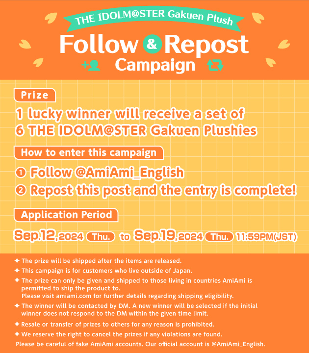 📣#GakumasPlush24Sep Campaign ends Sep. 19 (Thu.) at 11:59PM (JST)
 
🌟THE IDOLM@STER Gakuen Plush [Gift]
Saki, Temari, Kotone, Lilja, Sumika, Hiro
👉amiami.com/eng/search/lis…
 
🎁By following us ＆ Reposting this post during this period, 1 lucky winner will win these 6 plushies!