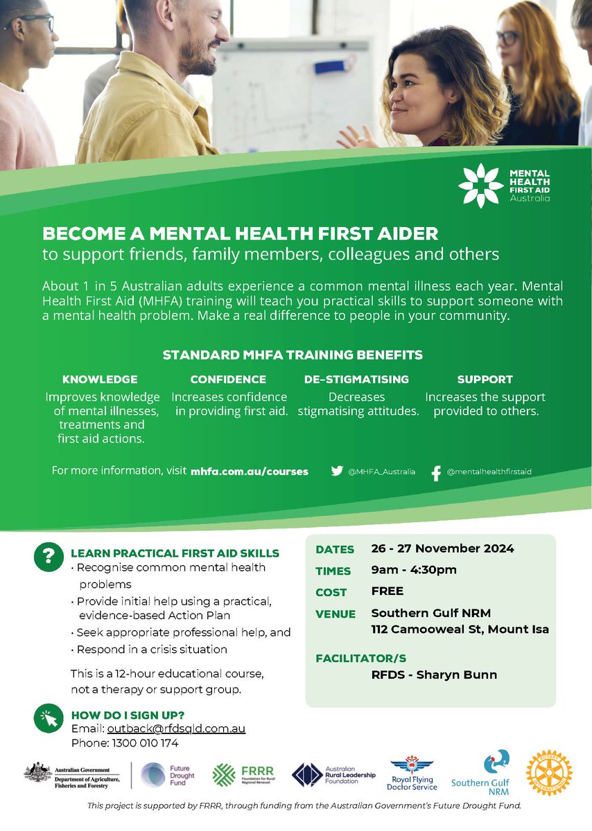 Southern Gulf NRM (@southerngulf) on Twitter photo π§ π Join us for a Mental Health First Aid workshop at Southern Gulf NRM on 26-27 Nov! Limited to 20 spots. Register now to secure your place!
π
26-27 Nov
π Southern Gulf NRM office
π 1300 010 174 / outback@rfdsqld.com.au π§ π Join us for a Mental Health First Aid workshop at Southern Gulf NRM on 26-27 Nov! Limited to 20 spots. Register now to secure your place!
π
26-27 Nov
π Southern Gulf NRM office
π 1300 010 174 / outback@rfdsqld.com.au