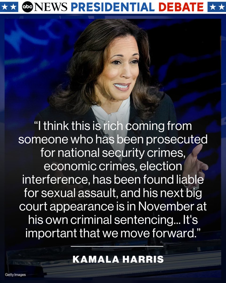 After former Pres. Donald Trump railed against crime, Vice Pres. Kamala Harris said she thought his comments were "rich coming from someone who has been prosecuted for national security crimes." #ABCdebate 

Follow live updates: trib.al/UwIvzLr