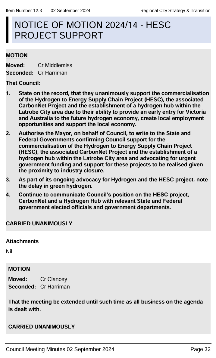 MarkRichards_LV's tweet image. HESC Project Support - Notice Of Motion 2024/14
CARRIED UNANIMOUSLY
That @latrobeCity Council:
1. Support the H2 Energy Supply Chain Project (HESC), CarbonNet Project &amp;amp; Hydrogen Hub.
latrobe.vic.gov.au/Council/Our_Co…
#aFairAndJustTransition #LatrobeValley #AusPol #SpringSt #NetZero