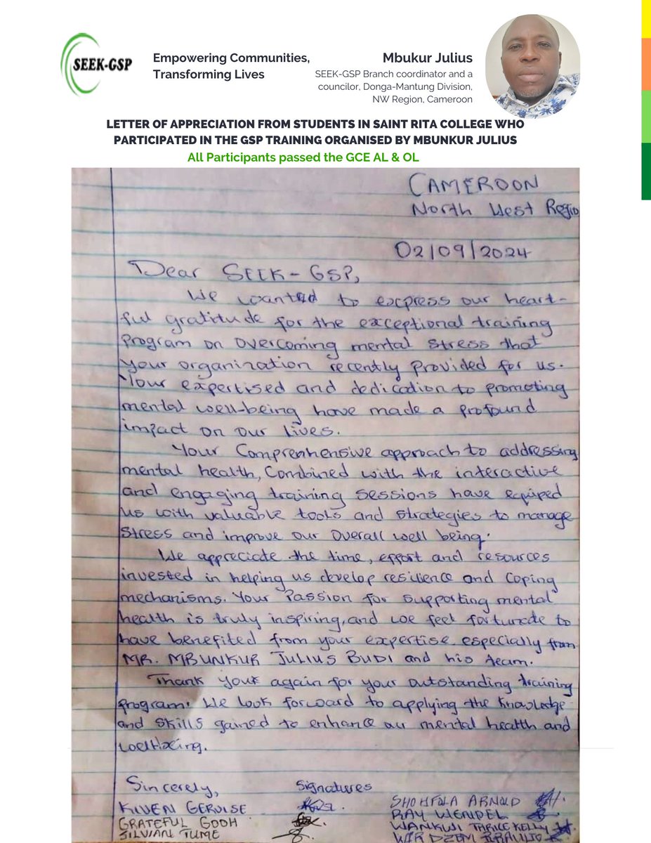 SEEK GSP Intitiative (@seekgsp) on Twitter photo Participants of GSP training showing gratitute to their trainer, Mbunkur Julius of SEEK-GSP Cameroon <a href="/WHO/">World Health Organization (WHO)</a> <a href="/MQmentalhealth/">MQ</a> <a href="/Makerere/">Makerere University</a> <a href="/gchallenges/">Grand Challenges Canada</a> #GSP Participants of GSP training showing gratitute to their trainer, Mbunkur Julius of SEEK-GSP Cameroon <a href="/WHO/">World Health Organization (WHO)</a> <a href="/MQmentalhealth/">MQ</a> <a href="/Makerere/">Makerere University</a> <a href="/gchallenges/">Grand Challenges Canada</a> #GSP