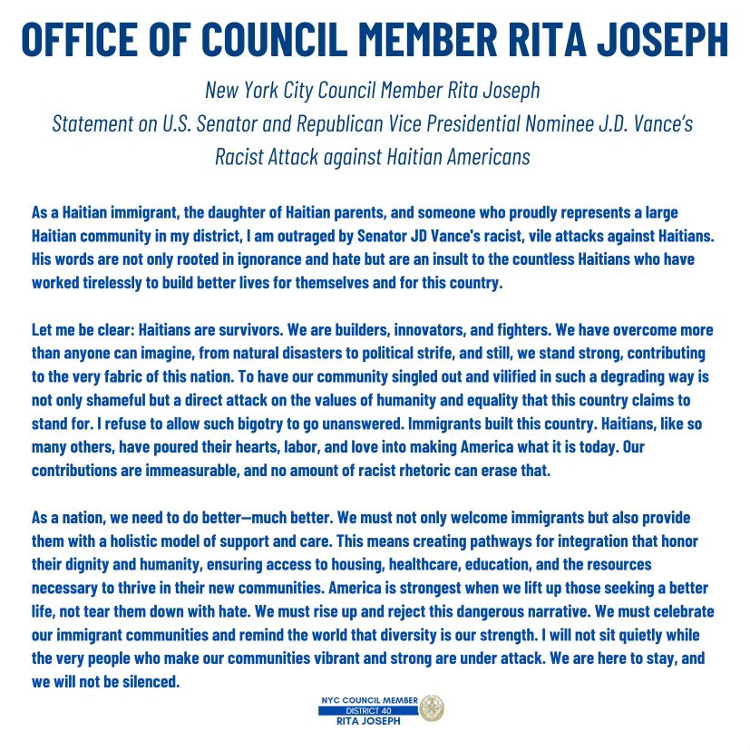 My statement on U.S. Senator and Republican Vice Presidential Nominee <a href="/JDVance/">JD Vance</a>’s vile and racist attacks against Haitian Americans.