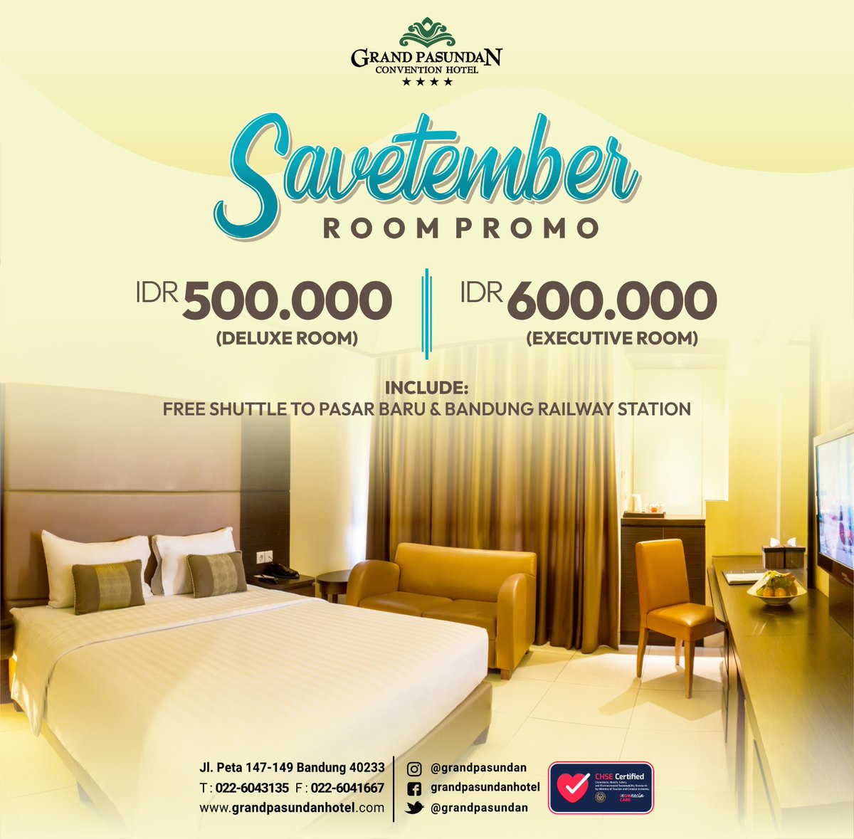 Liburan seru dibulan September hanya di Grand Pasundan Convention Hotel Bandung...

Start Froom
Rp 500.000,- nett

Info dan Reservation :
Grand Pasundan Covention Hotel
Jl.Peta no 147-149 Bandung
📲0811 2266 959