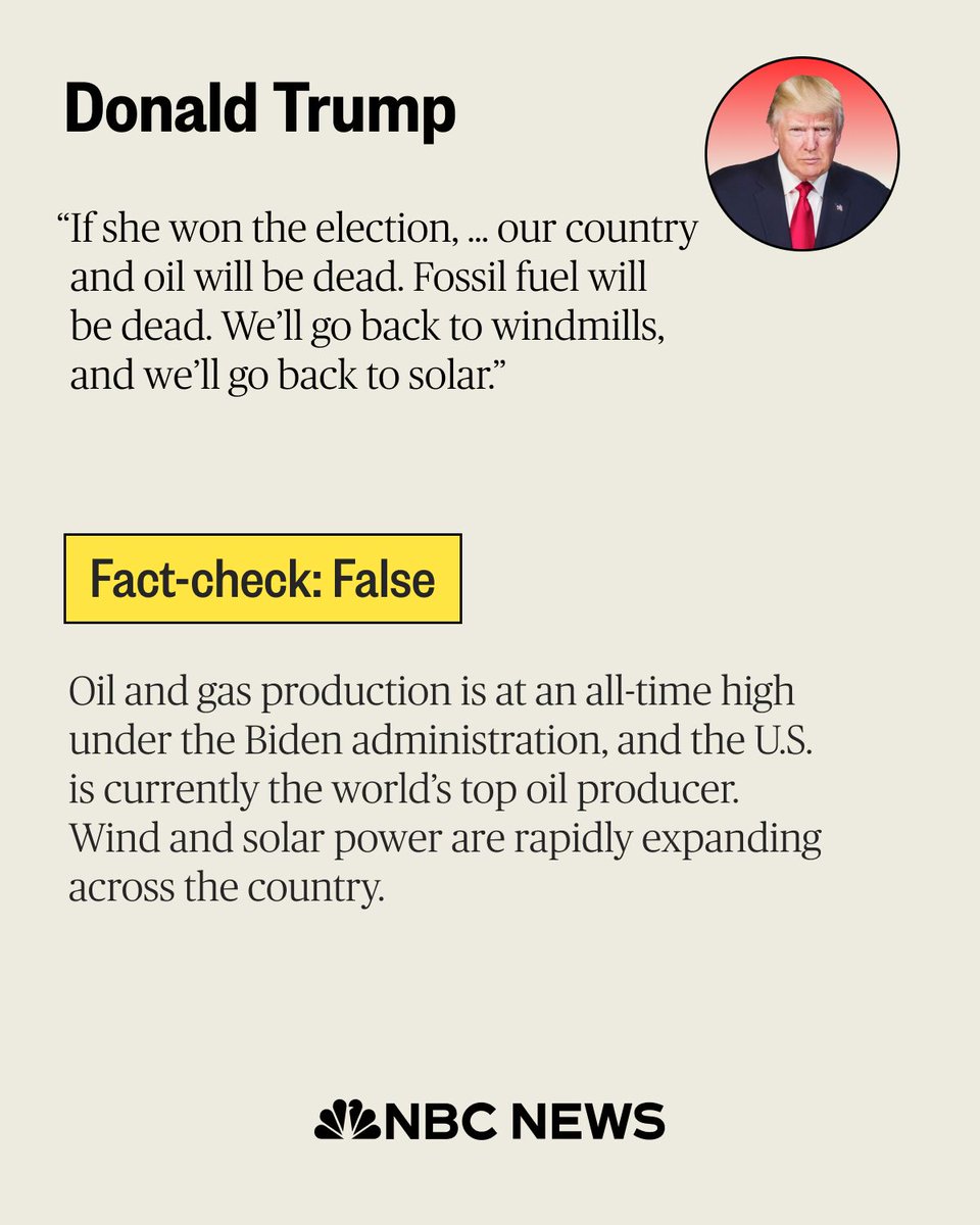 NBCNews's tweet photo. Fact-checking former President Trump's assertion that "fossil fuel will be dead" under a Harris administration: https://t.co/nJdAeAEWle https://t.co/XoIWWswpLF