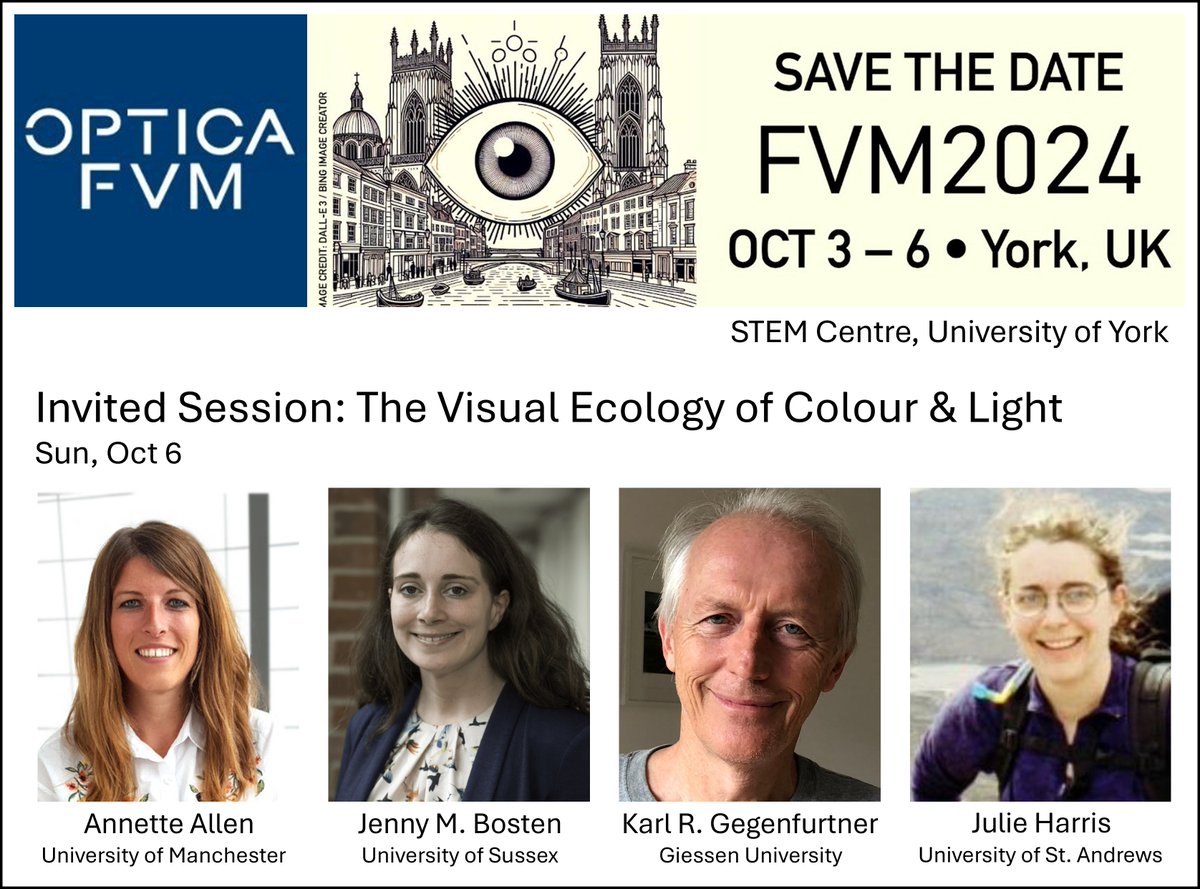 Optica_FVM's tweet image. 🌈 Invited Session: The Visual Ecology of Colour &amp;amp; Light

Learn how daily light shifts, natural color statistics &amp;amp; animal signals shape our perception

Annette Allen (Manchester)
Jenny M. Bosten (Sussex)
Karl R. Gegenfurtner (Giessen)
Julie Harris (St Andrews)

#OpticaFVM2024