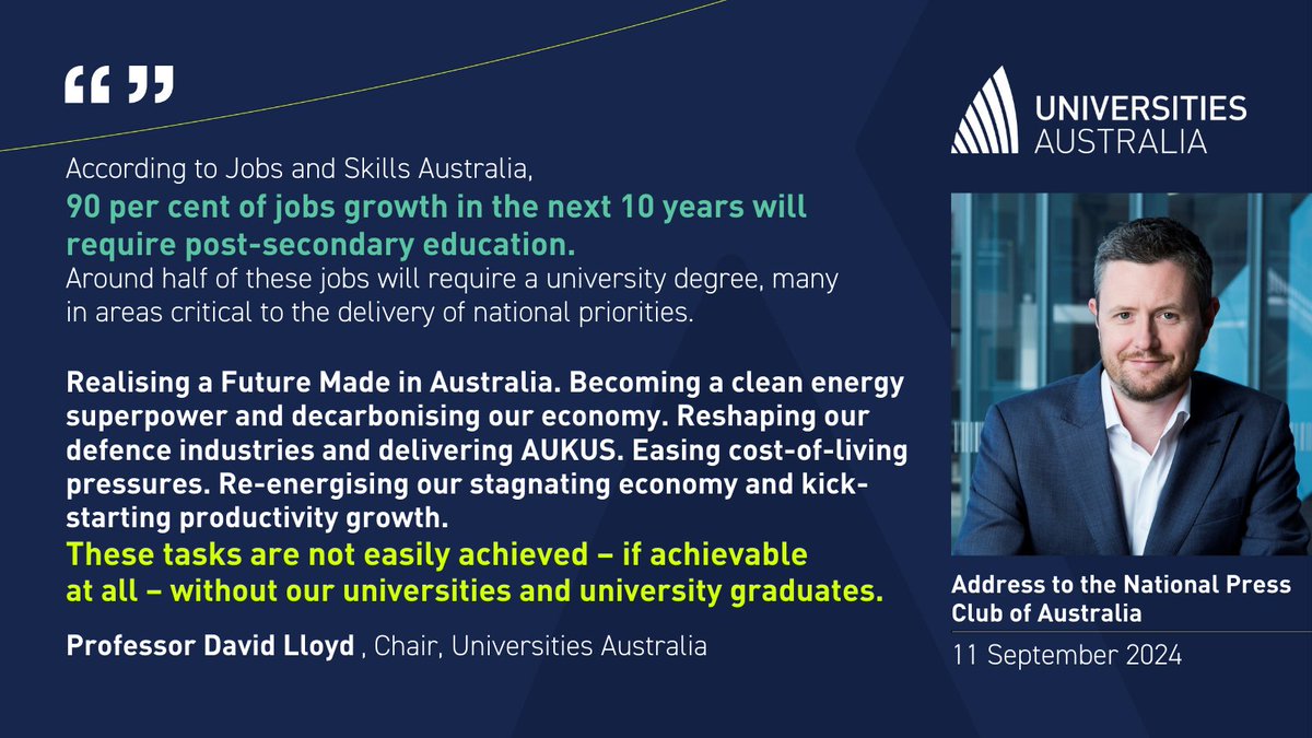 Realising a Future Made in Australia. Becoming a clean energy superpower and decarbonising our economy. These tasks are not easily achieved – if achievable at all – without our universities and university graduates. <a href="/PressClubAust/">National Press Club</a> <a href="/UniversitySA/">UniSA</a>
 
#auspol #NPC #highered