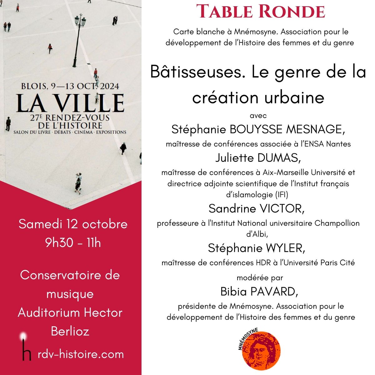 Asso Mnémosyne (@assomnemosyne) on Twitter photo 📣 Cette année, Mnémosyne vous a concocté une table ronde sur les bâtisseuses aux <a href="/rdvhistoire/">Rendez-vous-histoire</a> ⤵️
On a hâte vous y retrouver ! 😊
#RVH2024 #Genre #Histoire #Ville 📣 Cette année, Mnémosyne vous a concocté une table ronde sur les bâtisseuses aux <a href="/rdvhistoire/">Rendez-vous-histoire</a> ⤵️
On a hâte vous y retrouver ! 😊
#RVH2024 #Genre #Histoire #Ville