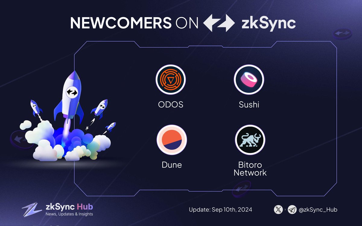 GamingOnBase's tweet image. 🟦 The @zksync ecosystem continues to expand with exciting new projects joining the fold. 

Let’s give a warm welcome to the latest innovators driving success!

@odosprotocol
@SushiSwap
@DuneAnalytics
@Bitoro_HQ

#ZKsync #DeFi #ZksyncEra $ZK