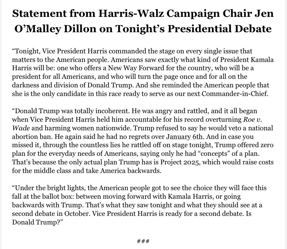 NEWS: Harris campaign is calling for a second debate