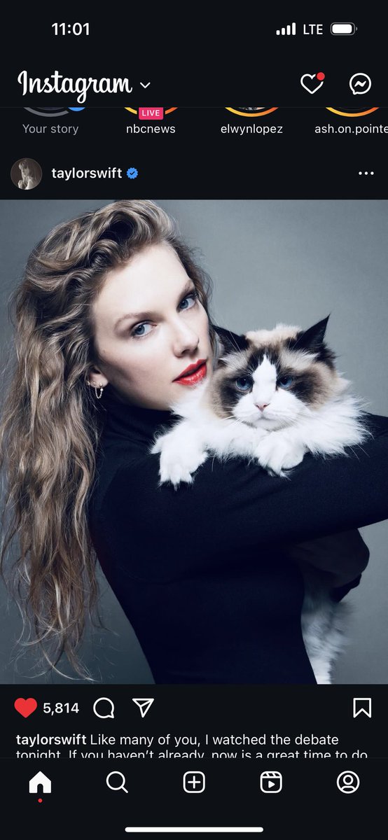 GarrettHaake's tweet image. Oh! Taylor Swift endorses @KamalaHarris at debate’s conclusion … with a photo of her with her cat, no less.