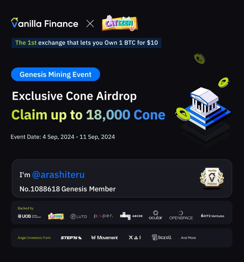 #VanillaFinance is the 1st exchange that lets you own 1 Bitcoin for $10. Genesis mining is live now. Claim up to 18,000 Cone! #Airdrop #Miniapp.<a href="/VanillaFinance/">Superp (Formerly Vanilla Finance)</a>