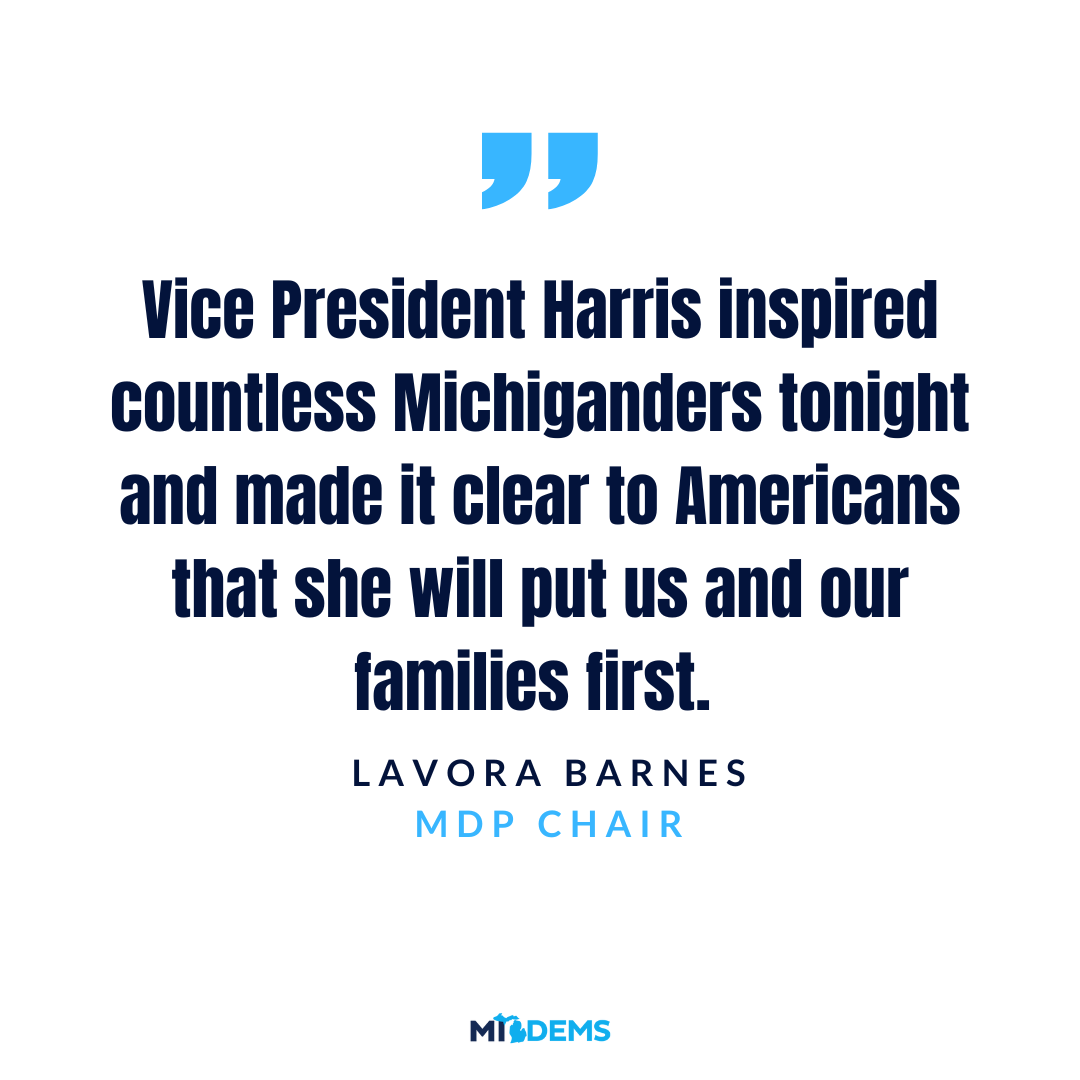 MichiganDems's tweet photo. "This November, I am confident that we will deliver Michigan for Vice President Kamala Harris and once again reject Donald Trump’s MAGA Project 2025 agenda.” @LavoraBarnes https://t.co/TuigZBtbie https://t.co/M6X5iCkS6e