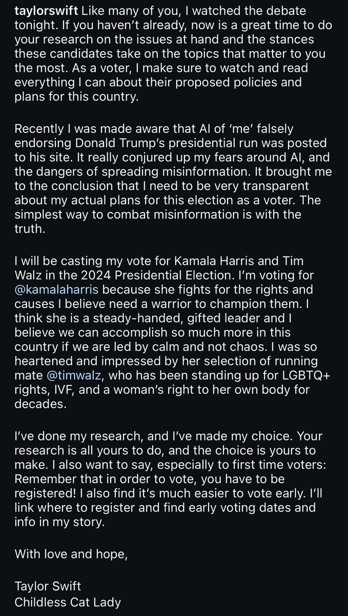 tayvisnation's tweet image. Taylor has officially endorsed Kamala Harris and Tim Walz 💙