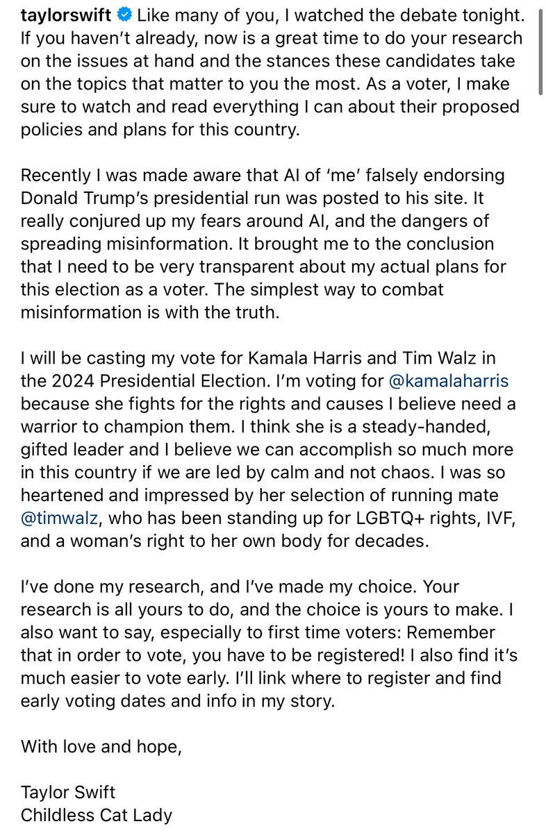 concertleaks's tweet image. Taylor Swift endorses Kamala Harris in a new Instagram post!