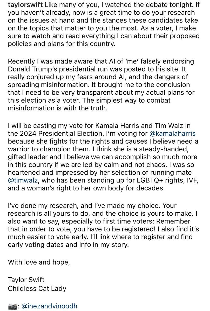 dylanewells's tweet photo. 🚨Taylor Swift: “I will be casting my vote for Kamala Harris and Tim Walz in the 2024 Presidential Election.” https://t.co/AozghaelpL