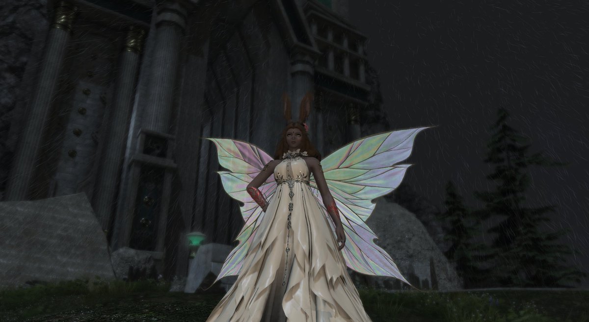 After returning from a realm beyond our own, a rainy night in the ruins of old Sharlayan is calming and relaxing even though it is pouring rain. Thankfully the thunder hasn't begun yet and the wings glow at night.
#FINALFANTASY14