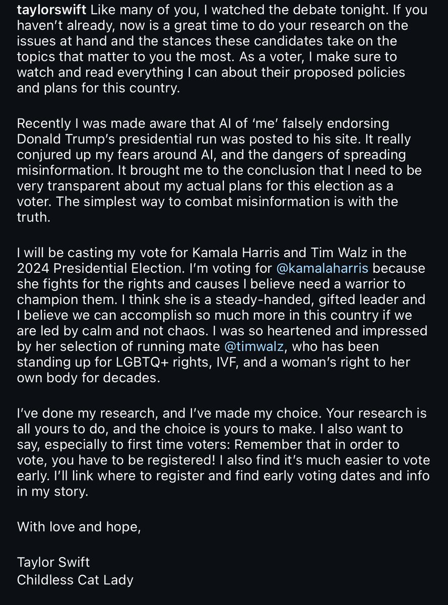 swifferwins's tweet image. TAYLOR SWIFT JUST ENDORSED KAMALA HARRIS!!!!