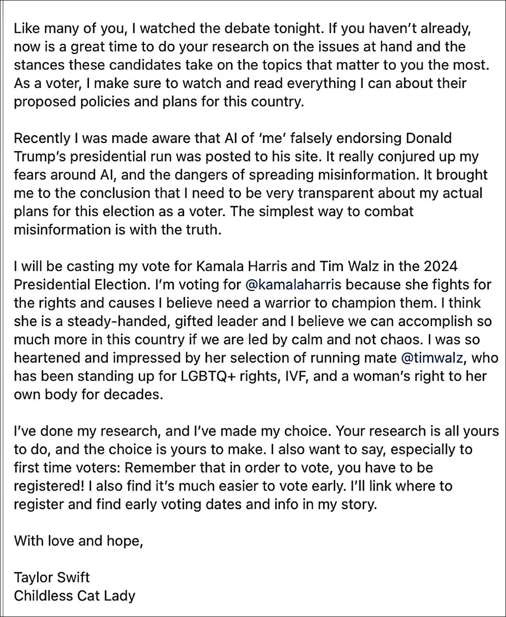 MikeSington's tweet image. Taylor Swift endorses Kamala Harris.