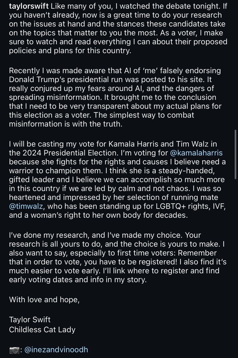 BREAKING: Taylor Swift endorses Kamala Harris after this debate, signed a “Childless Cat Lady”