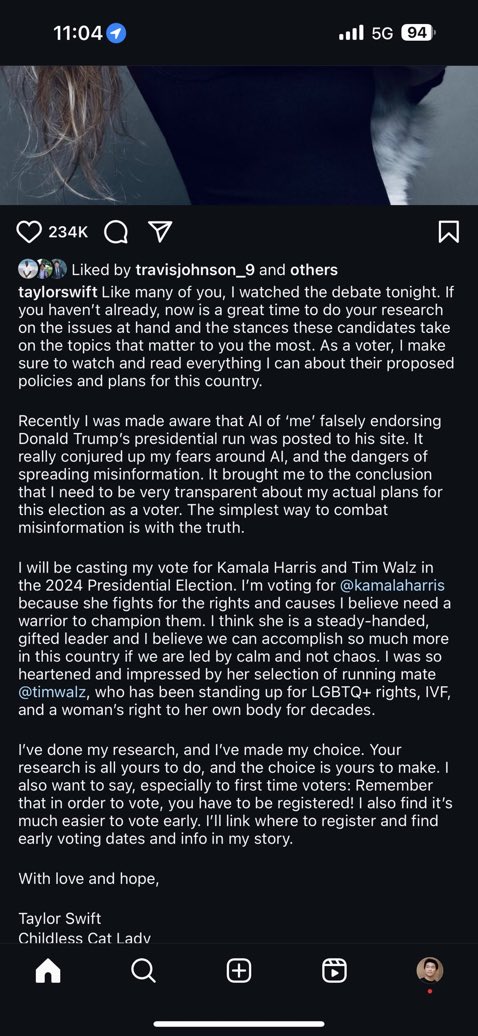 BREAKING:

Taylor Swift just endorsed Kamala Harris for President.