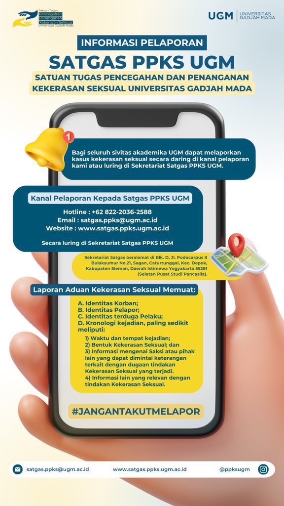 ppksugm's tweet photo. @Fouldoer Hi Kawan Satgas! 

Silahkan melapor ke Satuan Tugas Pencegahan dan Penanganan Kekerasan Seksual UGM untuk segala bentuk kekerasan seksual yang menimpa sivitas akademika UGM. 

Berikut informasi dan arahan terkait dengan mekanisme pelaporan. https://t.co/pUY7rm3H0e