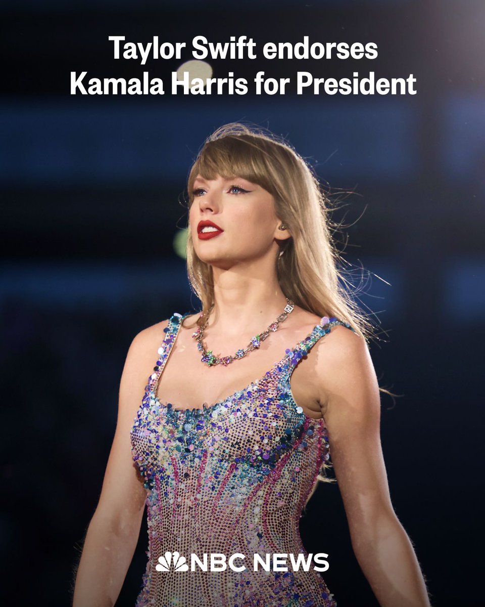 NBCPolitics's tweet photo. BREAKING: "I will be casting my vote for Kamala Harris," Taylor Swift announces in an Instagram post. https://t.co/bJBgtUALrP https://t.co/iDxyzOP0wY