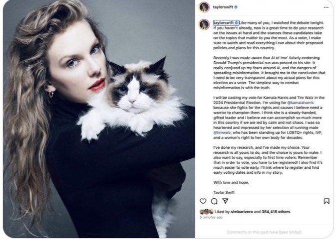Taylor Swift endorses Kamala Harris.  Let’s go Swifties !!