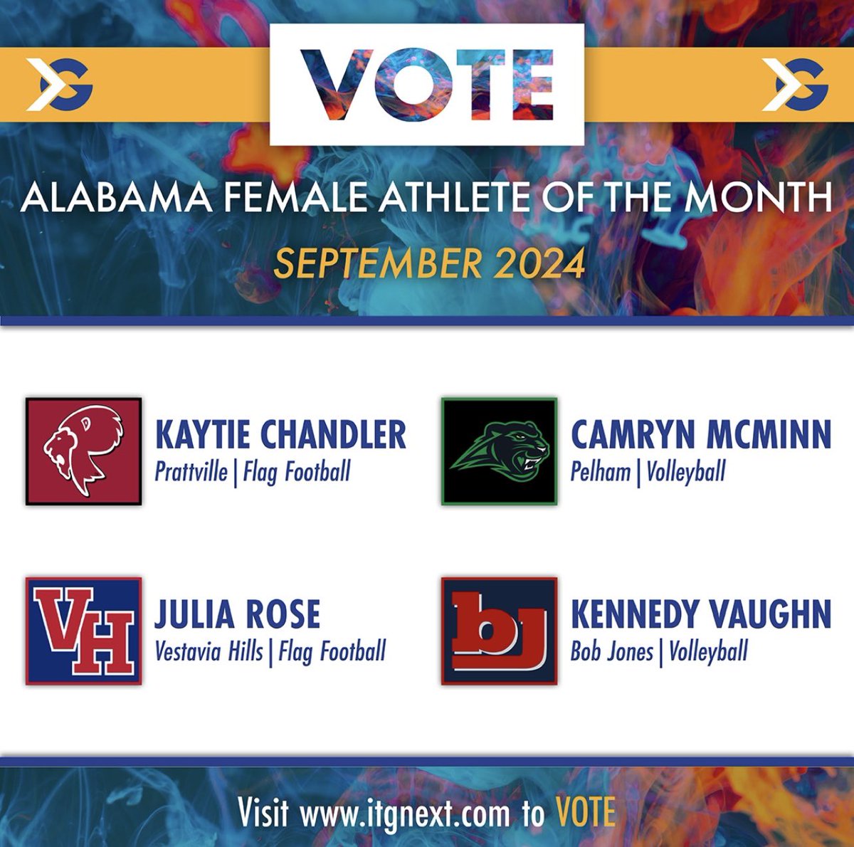 Go vote for Alabama Female Athlete of the Week!!! linktr.ee/itgnext.alabam… <a href="/prattvillelions/">Prattville High School Athletics</a> <a href="/PHS_FlagFB/">Prattville Flag Football</a>