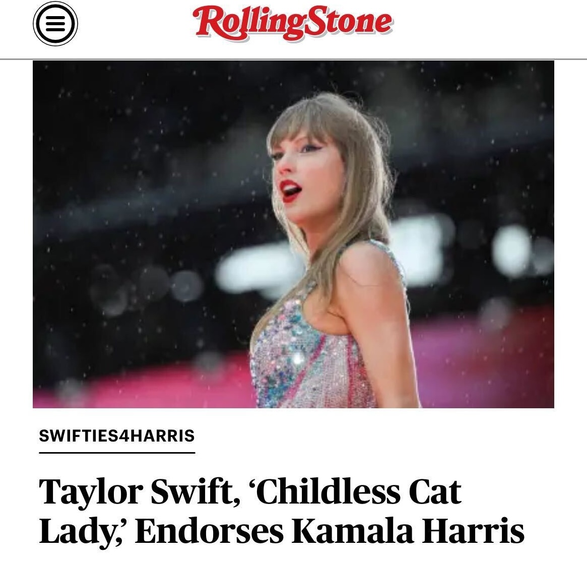 RollingStone's tweet photo. No less than one hour after the historic debate between Harris and Trump ended, Taylor Swift declared that she would be casting her vote for the Democratic candidate, signing her endorsement with, “Taylor Swift, Childless Cat Lady.”

More: https://t.co/lPBQxQZ8b3 https://t.co/5qqD20qpk2