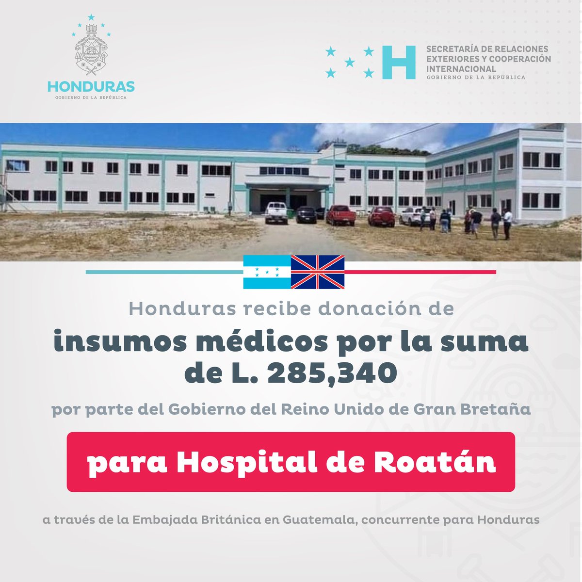 🇭🇳🤝🇬🇧 ¡Excelentes Noticias para el Hospital de Rotán!

La <a href="/CancilleriaHN/">Cancillería Honduras</a> en nombre del Gobierno y pueblo hondureño, agradece la donación de más de 280 mil lempiras, por parte del Reino Unido de Gran Bretaña, que será de gran beneficio para el Hospital de Roatán. 🏥