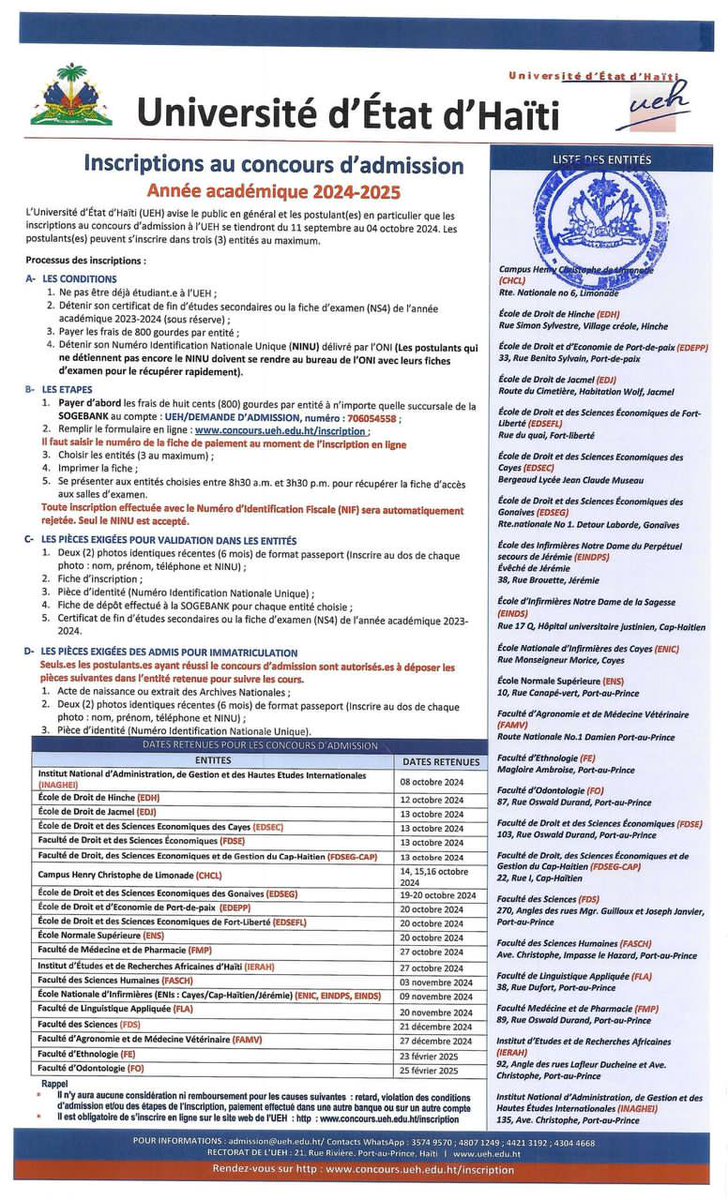 AndrJeff6's tweet photo. 🚨C’EST OFFICIEL🚨L’UEH LANCE LES INSCRIPTIONS AU CONCOURS D’ADMISSION POUR L’ANNEE ACADEMIQUE 2024-2025

Pour toutes informations concernant les entités de l’UEH suivez *La Plateforme Etidyan Leta* 📌

https://t.co/v2GO8FETBH https://t.co/SmY378Gjgv