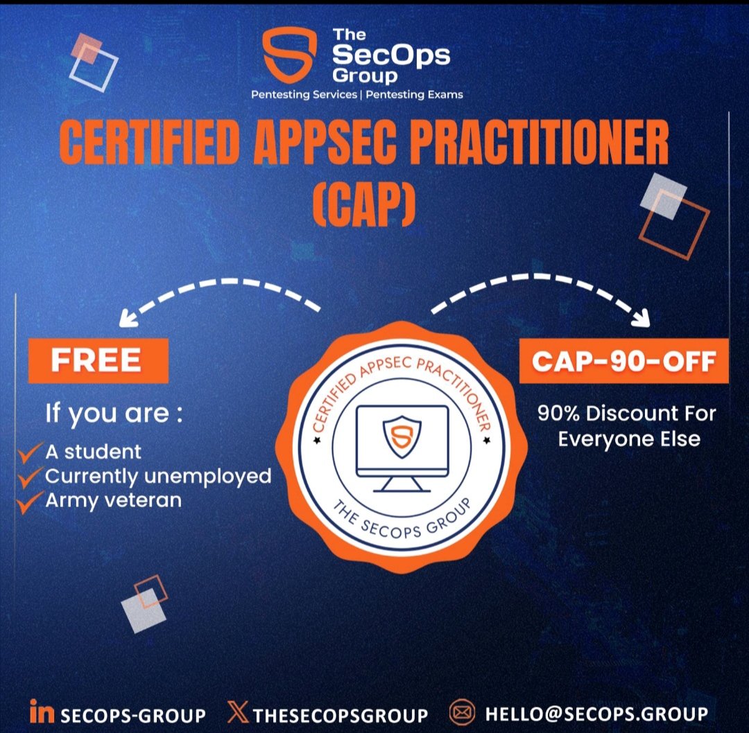 root_exses's tweet image. 🎉𝗙𝗿𝗲𝗲 𝗖𝗔𝗣 𝗘𝘅𝗮𝗺 - 𝗢𝘂𝗿 𝗕𝗶𝗴𝗴𝗲𝘀𝘁 𝗚𝗶𝘃𝗲𝗮𝘄𝗮𝘆 𝗬𝗲𝘁!🎉

For a limited time, we are offering 𝗙𝗥𝗘𝗘 access to our most popular entry-level pentesting exam 𝗖𝗲𝗿𝘁𝗶𝗳𝗶𝗲𝗱 𝗔𝗽𝗽𝗦𝗲𝗰 𝗣𝗿𝗮𝗰𝘁𝗶𝘁𝗶𝗼𝗻𝗲𝗿 (𝗖𝗔𝗣). 

 (lnkd.in/dPzAcN2w)