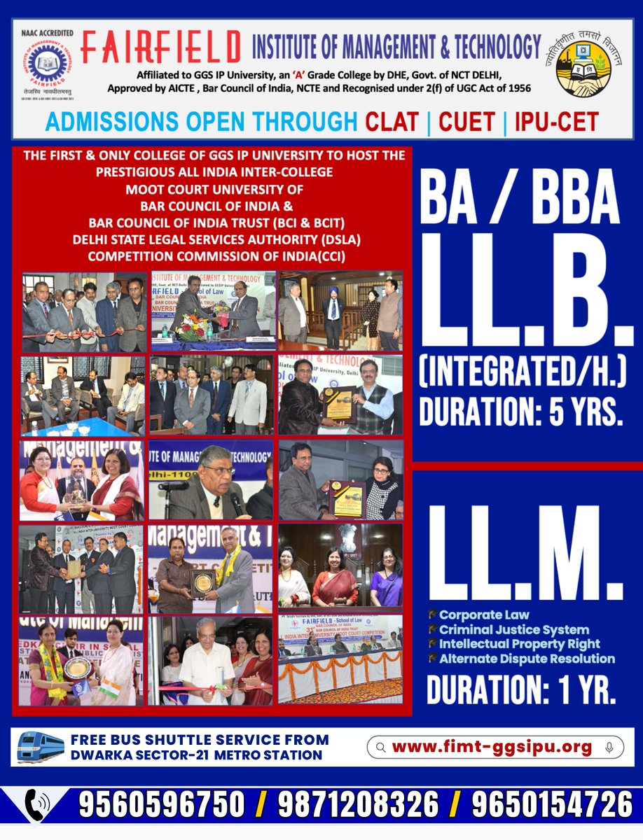 FIMTcollege's tweet image. GIVE YOUR LAW CAREER; THE BEST POSSIBLE START! at India&apos;s No. 1 Law School. Thrive at GGSIPU’s Top-Ranked College : Admissions Open for 2024 
BA-LLB(Int.)  | BBA-LLB(H.)  |  LL.M.
📲9560596750 / 9871208326 / 9650154726 
#TopLawcollege #clat2024