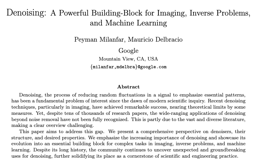 For as along as there've been sensors, there's been noise to deal with - hence the importance of denoisers

Recently we're using denoisers to solve far bigger problems -in imaging, inverse problems, &amp; machine learning. So what are denoisers and what properties do they have?

1/n
