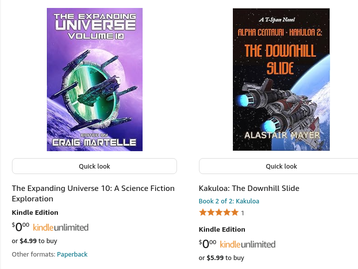 I have new works out. This week, The Expanding Universe 10 released, including my story "Relic."  My novel Kakuloa: The Downhill Slide came out last week, and hit #72 in the Amazon bestseller category "Crime &amp; Mystery Science Fiction" and #90 in "Colonization Science Fiction."
